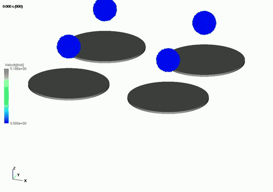 Array of four flexible sheets deforming under falling liquid